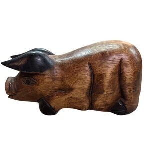 Hand Carved Wood Pig Figurine Boar Black Ears Folk Art Farm Made in Thailand